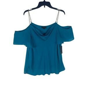 Bold Elements Cold Shoulder Cowl Neck Top Polynesian Blue Chain Strap XL NWT